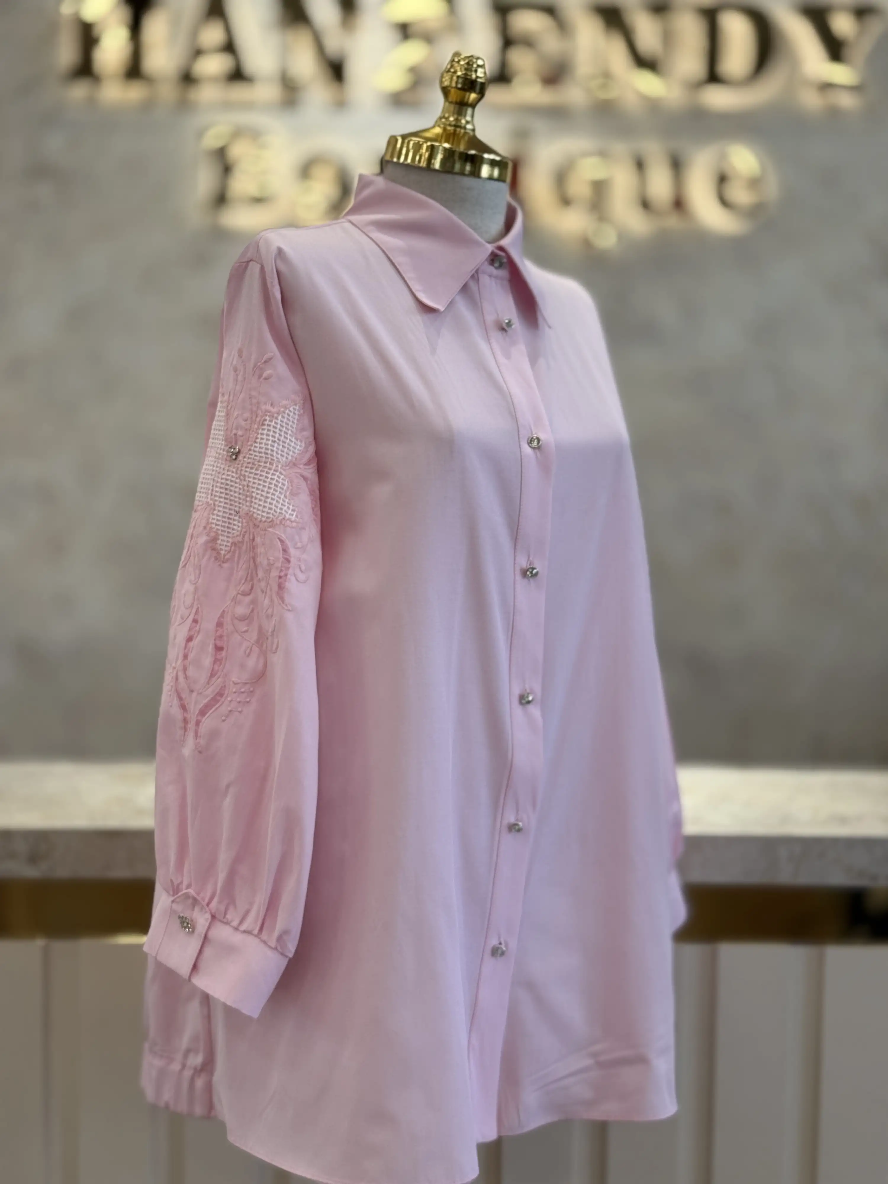 MY312 Pudra Renk Kolları Nakışlı Taşlı Tunik