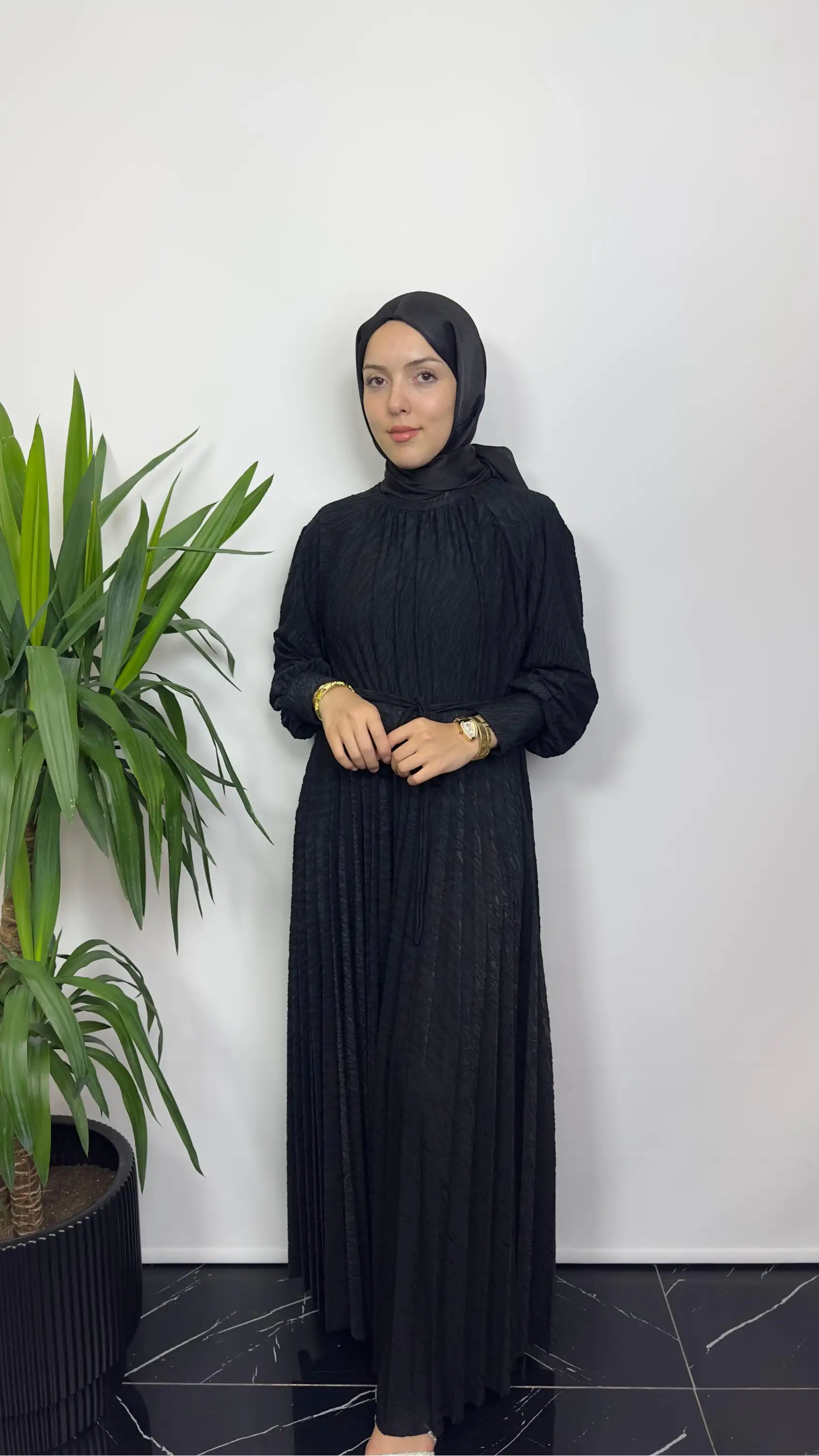 MY312 MY-26W5605-S Siyah Renk Jakarlı Pilise Elbise