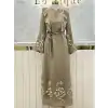 NUSS Krem Renk Keten Görünümlü Astarlı Tensel Kumaş Elbise