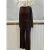 TIĞ TRİKO TIG-TKM.5125.01.K Kahve Renk Metal Tokalı Asimetrik Drapeli Tunik Pantolon Takım