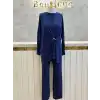 TIĞ TRİKO TIG-TKM.5125.01.-L Lacivert Renk Metal Tokalı Asimetrik Drapeli Tunik Pantolon Takım
