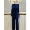 TIĞ TRİKO TIG-TKM.5125.01.-L Lacivert Renk Metal Tokalı Asimetrik Drapeli Tunik Pantolon Takım