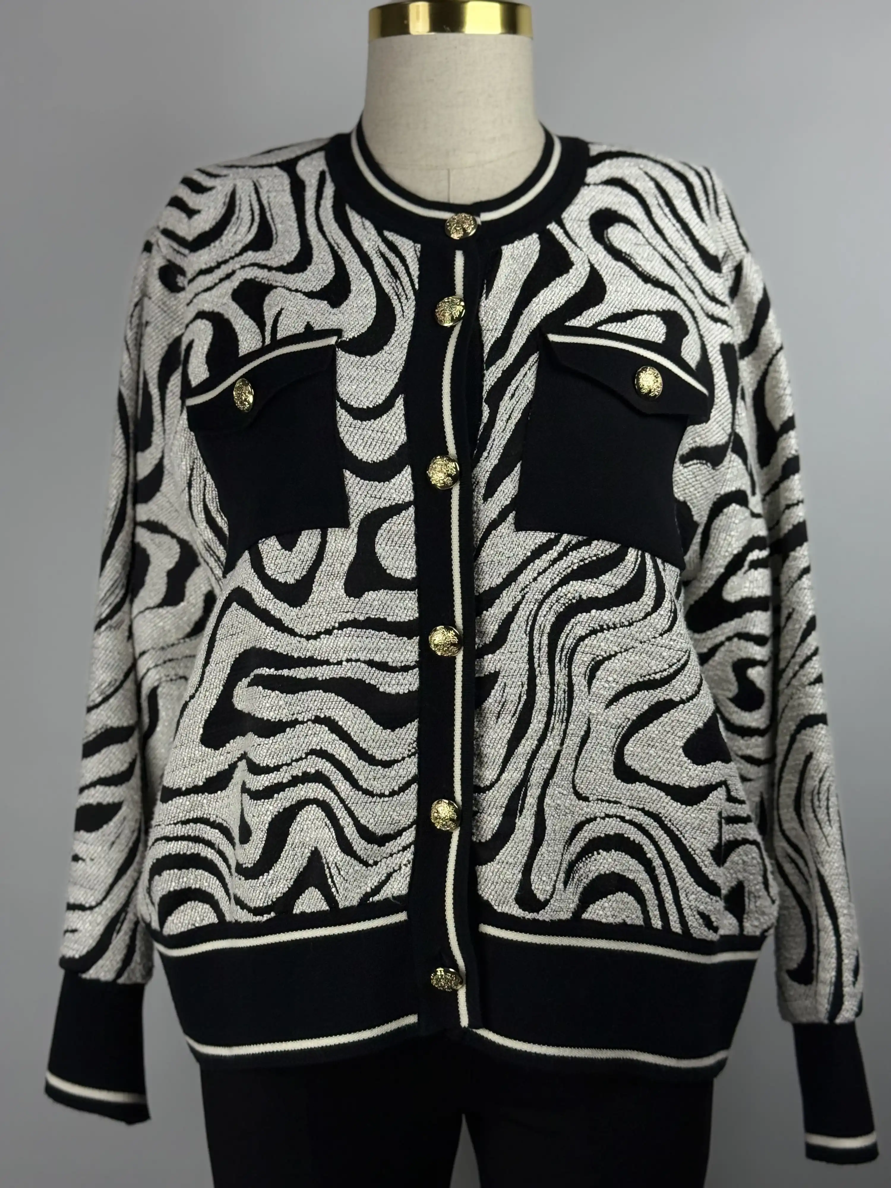 GHİSA Siyah Renk Zebra Desenli Hırka