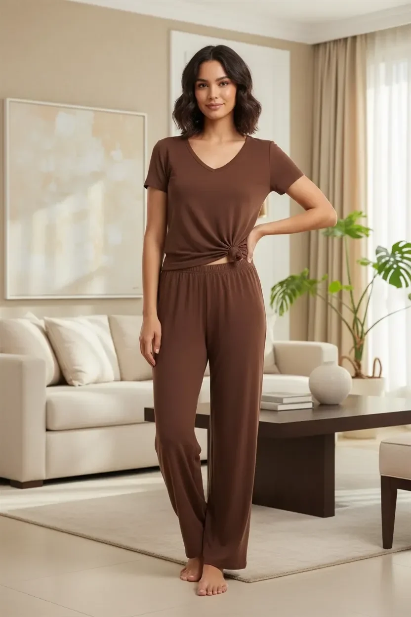 Kadın Kahve Yumuşak Dokulu Minimal V Yaka Üst Basic Günlük Şık Bluz
