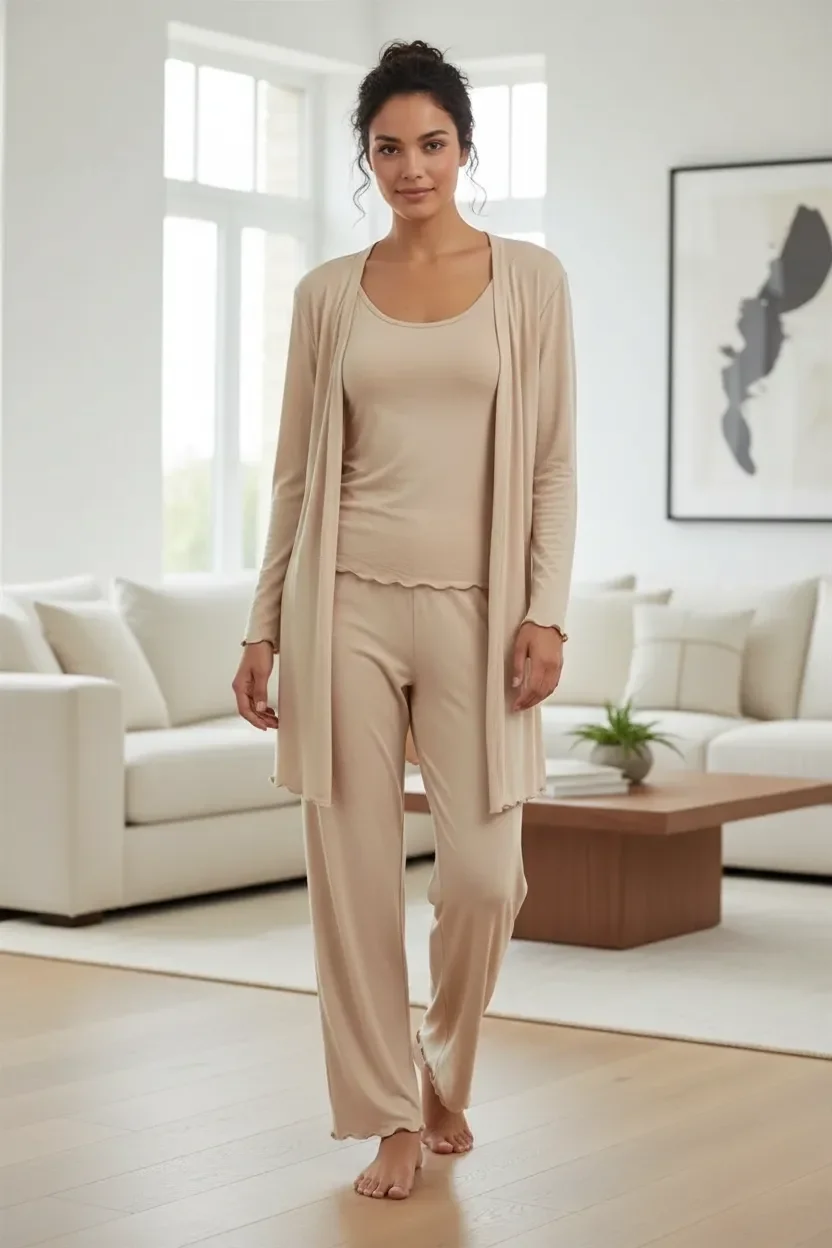 Kadın Bej Kısa Kimono 3’lü Takım Yumuşak Dokulu Şık Rahat Ev Giyim Seti