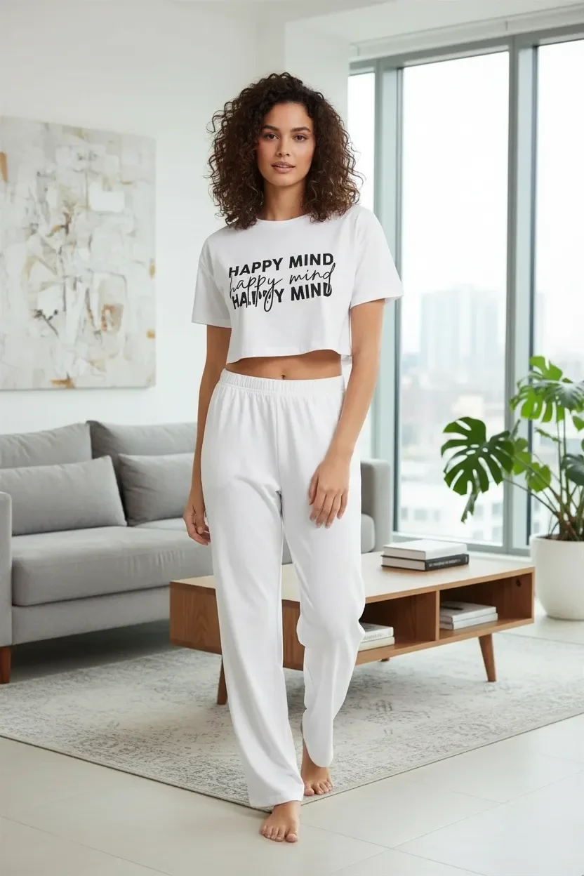 Kadın Beyaz Baskılı Crop T-Shirt Pantolon Takım Rahat Günlük Kombin 2’li Set