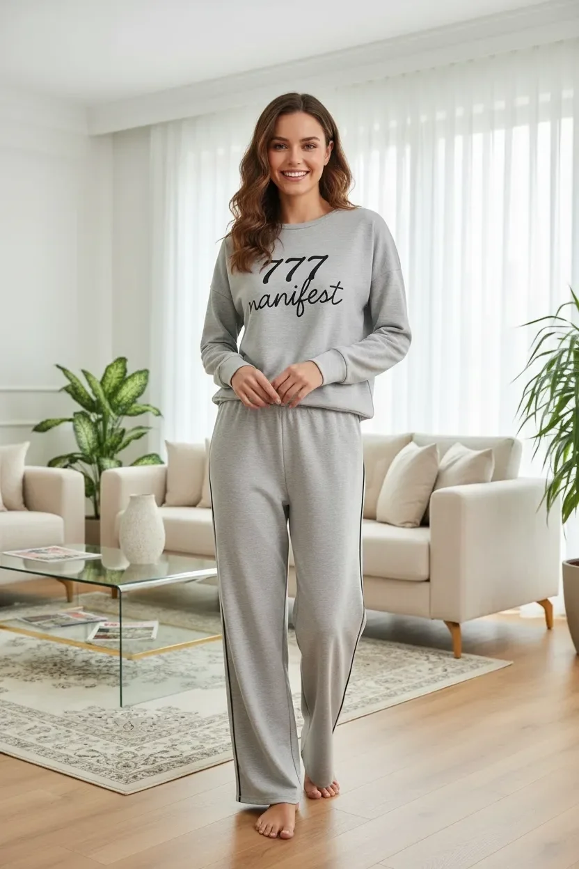 Kadın Gri Manifest Oversize 2 İplik Eşofman Ev Giyim Takımı