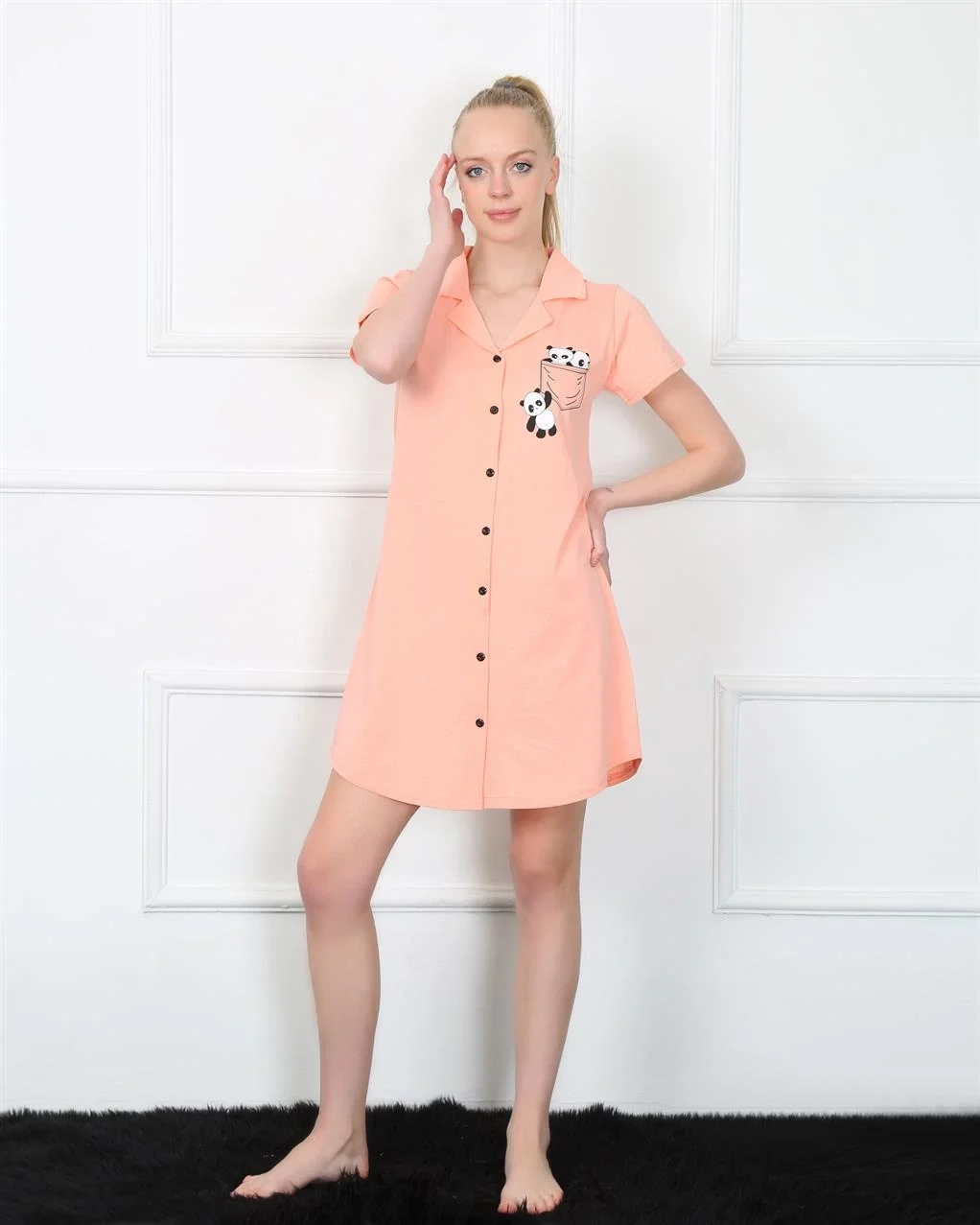 Kadın Penye Önden Düğmeli Pembe Tunik Gecelik