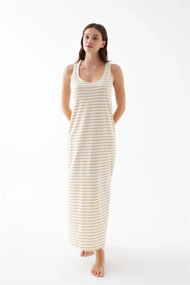 Kadın Sarı Çizgili Askılı Uzun Gecelik – Rahat Kesim Günlük Uyku Geceliği