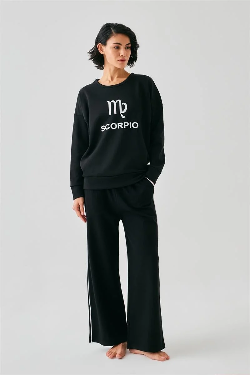 Kadın Siyah Akrep Burcu Oversize 2 İplik Eşofman Ev Giyim Takımı