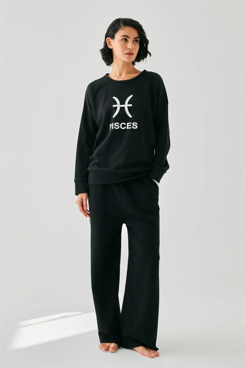 Kadın Siyah Balık Burcu Oversize 2 İplik Eşofman Ev Giyim Takımı