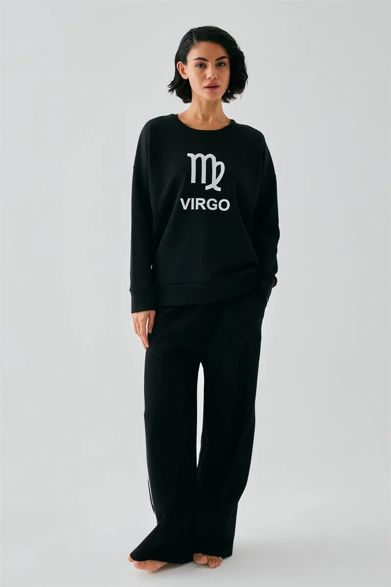 Kadın Siyah Başak Burcu Oversize 2 İplik Eşofman Ev Giyim Takımı