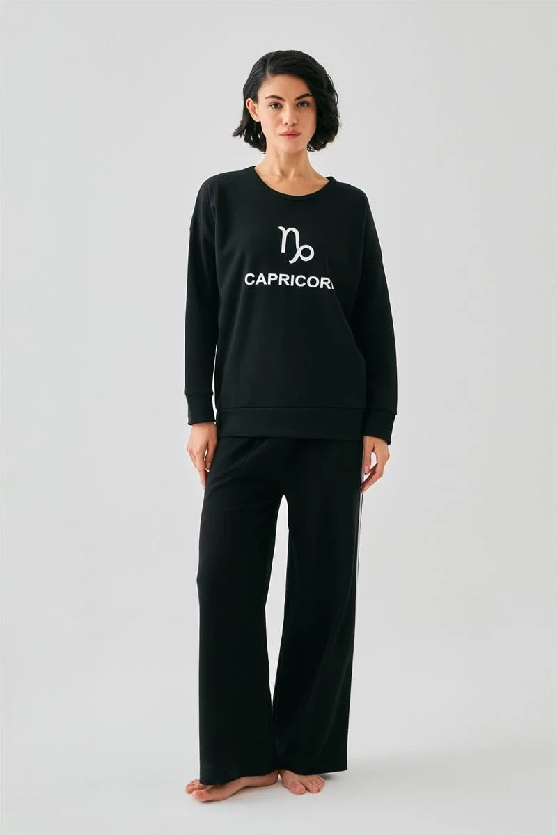 Kadın Siyah Oğlak Burcu Oversize 2 İplik Eşofman Ev Giyim Takımı