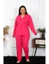 Kadın Büyük Beden Pamuklu Cepli Düğmeli Fuşya Pijama Takım