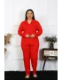 Kadın Büyük Beden Pamuklu Cepli Düğmeli Kırmızı Pijama Takım