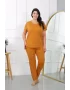 Kadın Büyük Beden Kısa Kol Penye Pijama Takımı Hardal