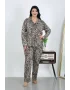 Kadın Büyük Beden Pamuklu Cepli Düğmeli Kahve Pijama Takım