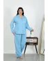 Kadın Büyük Beden Pamuklu Cepli Düğmeli Mavi Pijama Takım