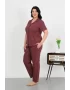 Kadın Büyük Beden Pamuklu Cepli Düğmeli Mor Pijama Takım