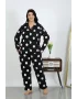 Kadın Büyük Beden Pamuklu Cepli Düğmeli Siyah Pijama Takım