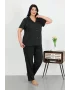 Kadın Büyük Beden Pamuklu Cepli Düğmeli Siyah Pijama Takım