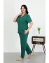 Kadın Büyük Beden Pamuklu Cepli Düğmeli ZümrütYeşili Pijama Takım
