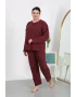 Kadın Büyük Beden Uzun Kol Penye Pijama Takımı Bordo