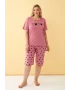 Kadın Somon Kalp Desenli Büyük Beden Kapri Pijama Takımı