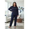 Kadın Büyük Beden Lacivert Uzun Kollu Pijama Takımı Şerit Detaylı Rahat Ev Giyim Seti