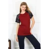 Kadın Kolu Dantelli Penye Pijama Takım Bordo