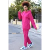 Kadın Pamuk Kapşonlu Cepli 3 İplik Fuşya Eşofman Takım