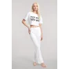 Kadın Beyaz Baskılı Crop T-Shirt Pantolon Takım Rahat Günlük Kombin 2’li Set