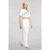 Kadın Beyaz Baskılı Crop T-Shirt Pantolon Takım %100 Pamuk Rahat 2’li Set