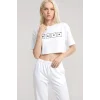Kadın Beyaz Baskılı Crop T-Shirt Pantolon Takım Rahat Günlük Spor Şık İkili Set