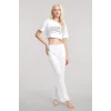 Kadın Beyaz Baskılı Crop T-Shirt Pantolon Takım %100 Pamuk Rahat 2’li Set