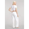 Kadın Beyaz Baskılı Crop T-Shirt Pantolon Takım Rahat Günlük Spor Şık İkili Set