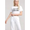 Kadın Beyaz Baskılı Crop T-Shirt Pantolon Takım Rahat Günlük Kombin 2’li Set
