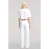 Kadın Beyaz Baskılı Crop T-Shirt Pantolon Takım %100 Pamuk Rahat 2’li Set