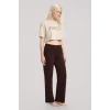 Kadın Kum Kahve Baskılı Crop T-Shirt Pantolon Takım Rahat Günlük Spor Şık İkili Set