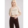 Kadın Kum Kahve Baskılı Crop T-Shirt Pantolon Takım Rahat Günlük Spor Şık İkili Set