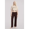 Kadın Kum Kahve Baskılı Crop T-Shirt Pantolon Takım Rahat Günlük Spor Şık İkili Set