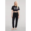 Kadın Siyah Baskılı Crop T-Shirt Pantolon Takım Rahat Günlük Spor Şık İkili Set