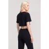 Kadın Siyah Baskılı Crop T-Shirt Pantolon Takım Rahat Günlük Spor Şık İkili Set