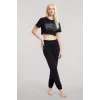 Kadın Siyah Crop T-Shirt Pantolon Takım Rahat Günlük Spor Şık İkili Set