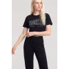 Kadın Siyah Crop T-Shirt Pantolon Takım Rahat Günlük Spor Şık İkili Set