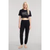 Kadın Siyah Crop T-Shirt Pantolon Takım Rahat Günlük Spor Şık İkili Set