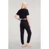 Kadın Siyah Crop T-Shirt Pantolon Takım Rahat Günlük Spor Şık İkili Set