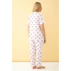 Kadın Beyaz Kırmızı Kalp Desenli Önden Düğmeli Büyük Beden Pijama Takımı