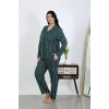 Kadın Büyük Beden Pamuklu Cepli Düğmeli Petrol Pijama Takım