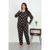 Kadın Büyük Beden Pamuklu Cepli Düğmeli Siyah Pijama Takım